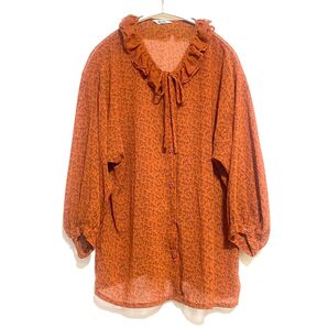 ヴィンテージ フリルカラーブラウス/レンガ色 × 小花柄 × シアー素材