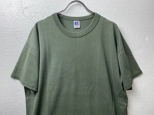 USA製 90’s ラッセル クルーネック コットン Tシャツ (L) 無地 緑系 90年代 アメリカ製 旧タグ オールド RUSSELL ATHLETIC