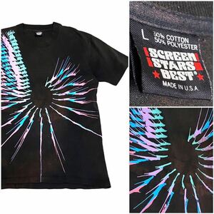 USA製 90's SCREEN STARS スクリーンスターズ ヴィンテージ Tシャツ L サイズ ブラック ブリーチ 墨黒 タイダイ ハンドペイント ペンキ