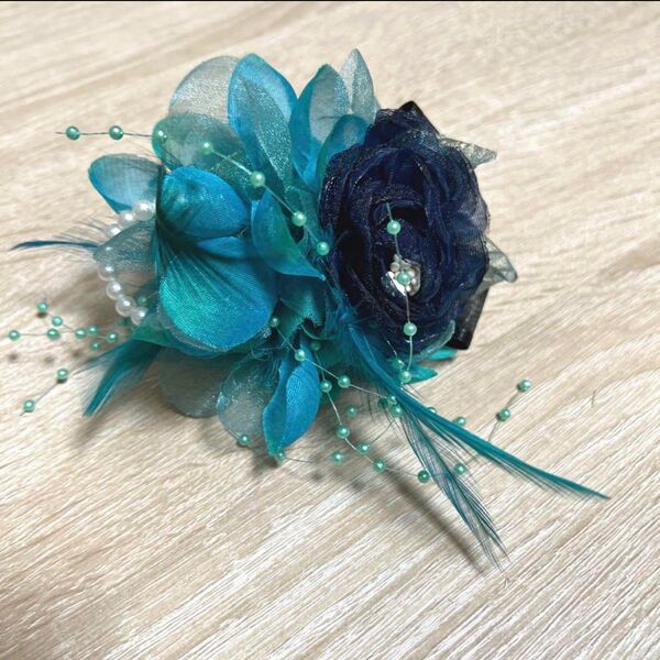 010 ハンドメイド コサージュ パール 卒業式 卒園式 入学式 入園式 レース ターコイズブルー 髪飾り 結婚式 ブローチ