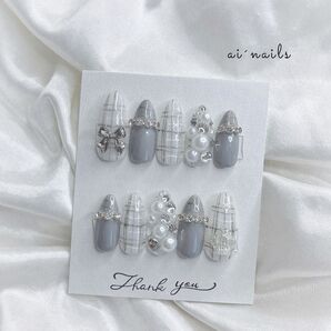 32.オーダーネイルチップ ワンホン ガーリー チェック ラメグレー 量産型