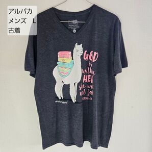 008アルパカ メンズ L 古着 Tシャツ simply faithful Vネック グレー