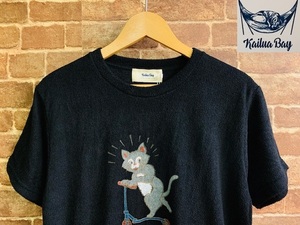 ★表記M/新品！パイル地.Kailua Bay.猫.タオル地.キャラクタープリントTシャツ.黒.アメカジサーフサーファー.西海岸カリフォルニアスタイル