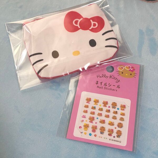 新品未開封 日焼けハローキティ ハローキティ ネイルシール ふわふわダイカットポーチ キティちゃん 2点セット セリア 正規品
