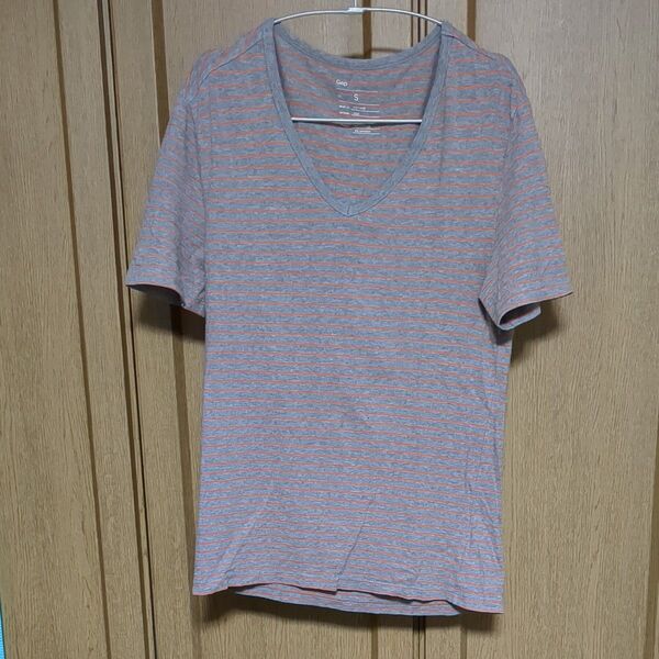 GAP ボーダー柄VネックTシャツ Sサイズ グレー