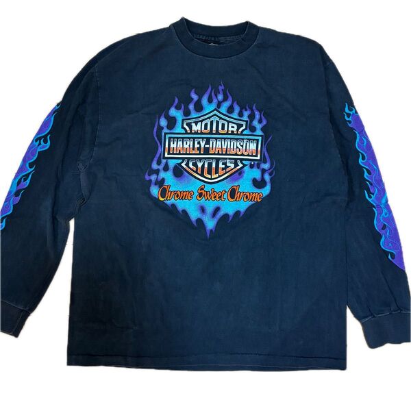 XL ハーレーダビッドソン ビンテージ加工長袖Tシャツ フレイム ファイヤー