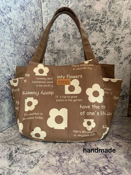 ハンドメイド チューリップバッグ お花と英字 モカブラウン
