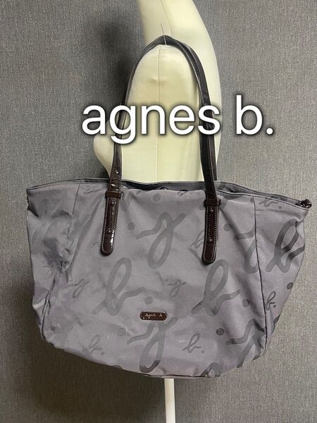 入手困難★agnes b. アニエスベーボヤージュ トートバッグ 総柄 A4収納可能 ナイロン ロゴ総柄 美品 グレー