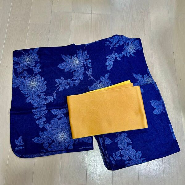 浴衣&帯 2点セット リサイクル品 青地 牡丹柄 水色帯 訳あり 夏祭り クリーニング済