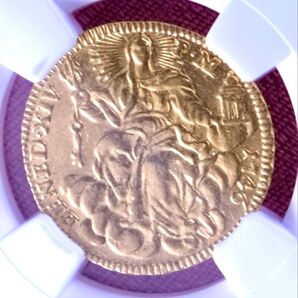 イタリア 1746 ローマ教皇領ゼッキーノ金貨ベネディクト14世 NGC AU58 レアデザイン クレジットカードOK