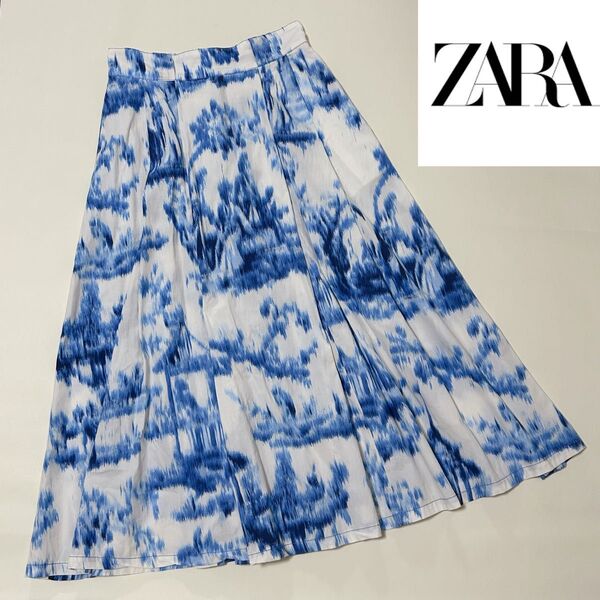 ZARA ザラ スカート ミモレ丈 総柄 水彩画風 XS フレアースカート 白 青 ホワイト ブルー 春 夏