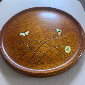 天然木 木彫り 螺鈿細工 漆器 丸盆木製皿 和食器