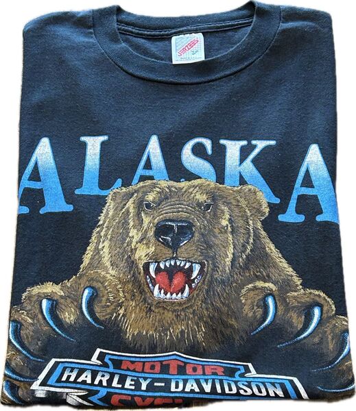 ★HARLEY DAVIDSONハーレーUSA製アメリカ製90sヴィンテージアラスカグリズリTシャツ黒L★古着屋オクトパスホールド