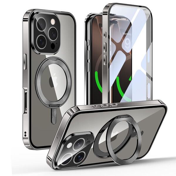 iPhone 16 Pro Max 用 ケース 両面保護 MagSafe対応 CDリング 360°回転スタンド クリア