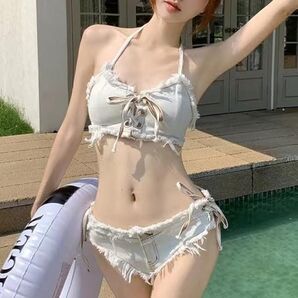 ED2 エマ ビキニ セット 水着 デニム 風 スイムドレス パッド入り ワイヤーなし レディース ホワイト Mサイズ