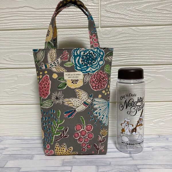 お花と鳥 ミニトート 水筒2本入れバッグ ハンドメイド