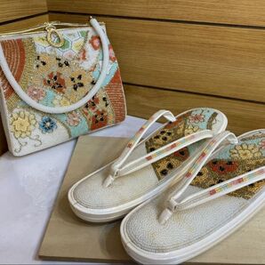 熨斗柄 ビーズ 草履バックセット 草履 22cm ハンドバッグ ホワイト