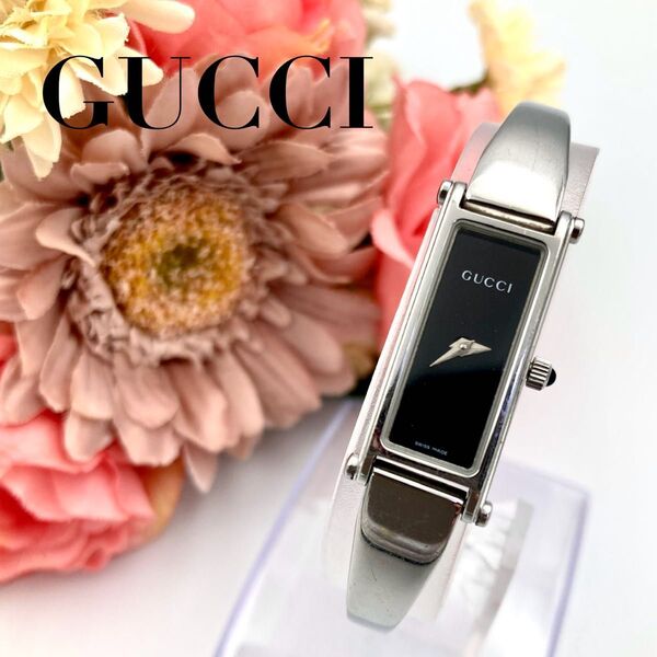 極美品 GUCCI グッチ 1500L 腕時計 クオーツ スクエア ブラック文字盤 シルバー バングルウォッチ 稼働