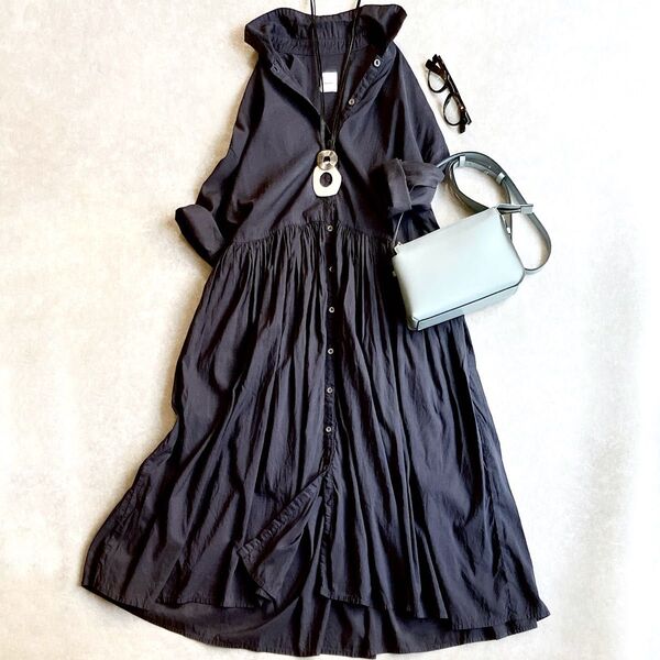 美品 ガーゼ Gauze# コットンリネンギャザー切替シャツワンピース 麻 ネイビー 2way 綿麻 ロング ネイビー ゆったり