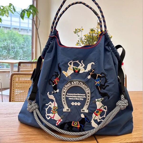 ボールアンドチェーン 刺繍 エコバッグ 馬 Mサイズ トートバッグ ショルダー付き エコバッグ 紐付きエコバッグ