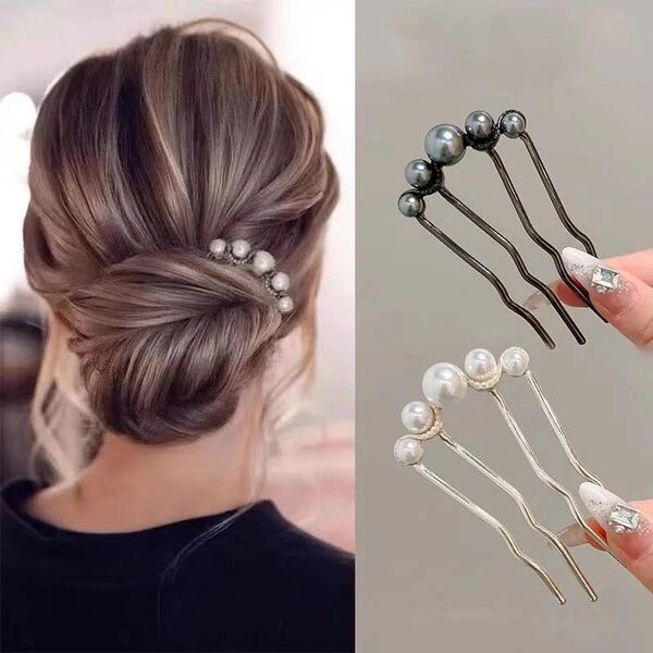 髪飾り かんざし 2個 ヘアアクセサリー 一本挿し パール ヘアクリップ ヴィンテージ エレガント 韓国風 U字型パールヘアピン