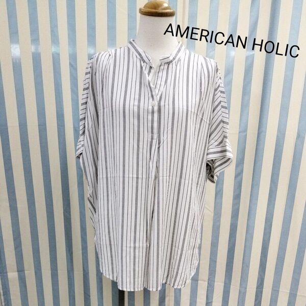 AMERICAN HOLIC アメリカンホリック 半袖シャツ ストライプ ノーカラー スキッパー Mサイズ ブラウス