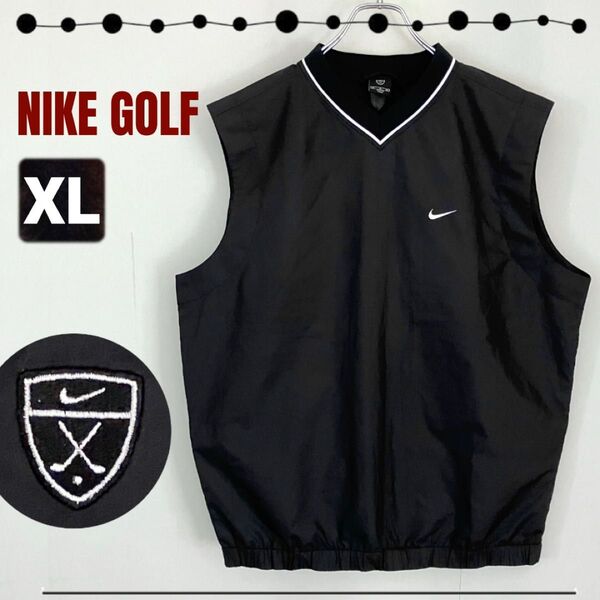 ナイキ ゴルフ★NIKE GOLF★黒ナイロンベスト★ラインリブVネック★刺繍スウッシュ★裏地メッシュ★ウィンドベスト★メンズXL