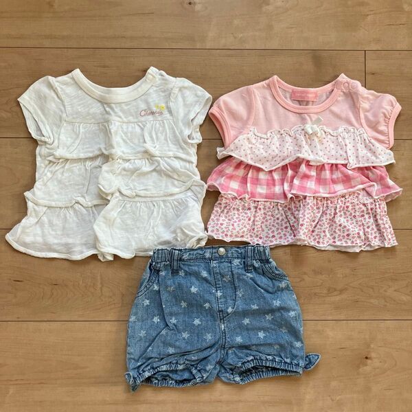 ベビー トップス 半袖 Tシャツ フリル ホワイト 60 70 チュニック 女の子 かぼちゃパンツ ショートパンツ デニム リボン