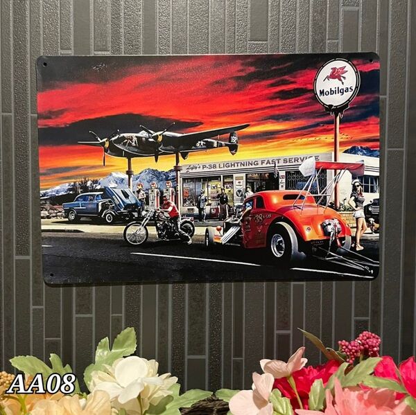 ブリキ看板 AA08 インテリア 雑貨 赤 レトロ 車 ヴィンテージ プレート