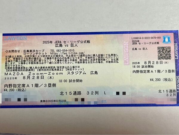 【通路側席】マツダスタジアム 8月28日 公式戦 広島vs巨人 内野指定席A 1階3塁側