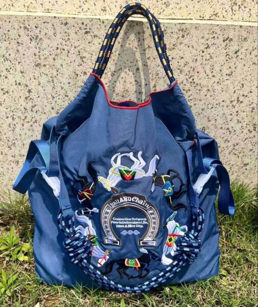 2way ショルダーベルトつき 人気 エコバッグ 大容量 ナイロン 軽量 刺繍 馬 ポニー おしゃれ 通学 通勤 人気 可愛い 夏