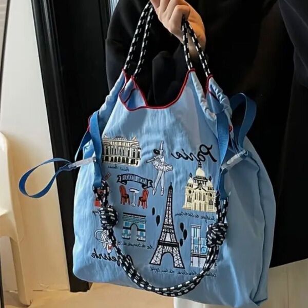 ショルダーベルトつき 2way エコバッグ 大容量 刺繍 トートバッグ 軽量 パリ エッフェル塔 可愛い 人気 おしゃれ 斜めがけ