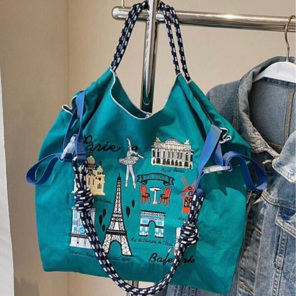 ショルダーストラップつき エコバッグ トートバッグ 刺繍 2WAY 鞄 人気 可愛い 大容量 軽量 軽い レディース