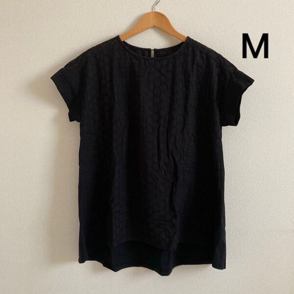 インド綿 半袖チュニックTシャツ レースカットソー M 綿100 ブラック 中古品
