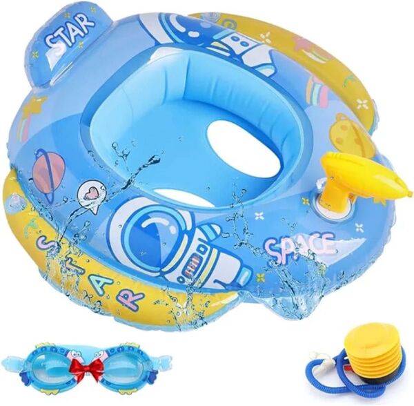 浮き輪 子ども スイミングゴーグル 水鉄砲付き 足入れタイプ IKING 空気入れ付き 足踏み式エアーポンプ 多層エアバッグ