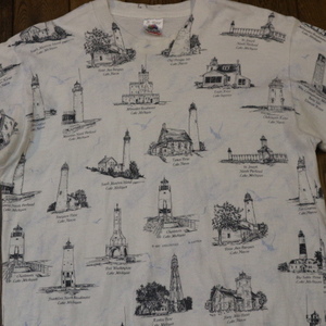 90s USA製 Lighthouse Tシャツ M ホワイト 両面 総柄 灯台 錨 ボート イラスト アート オールド ヴィンテージ
