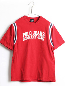 ■ POLO JEANS CO ラルフローレン ビッグ ロゴ プリント 半袖 フットボール Tシャツ ( レディース L メンズ M 程) 古着 半袖Tシャツ レッド