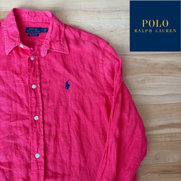 POLO RALPHLAUREN レディース リネンシャツ 赤 長袖 Sサイズ 麻シャツ ポロラルフローレン