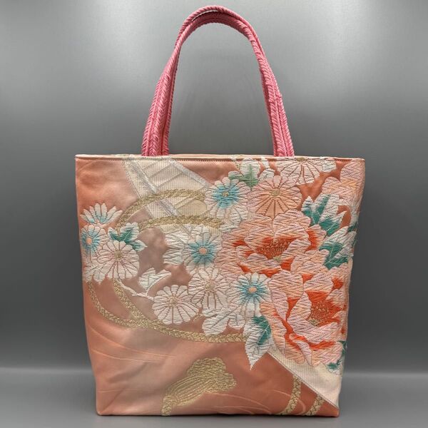 着物 帯 帯締め ハンドメイド トートバッグ リメイク ピンク 花 船 六通柄袋帯 唐織 草花文 金銀糸 正絹