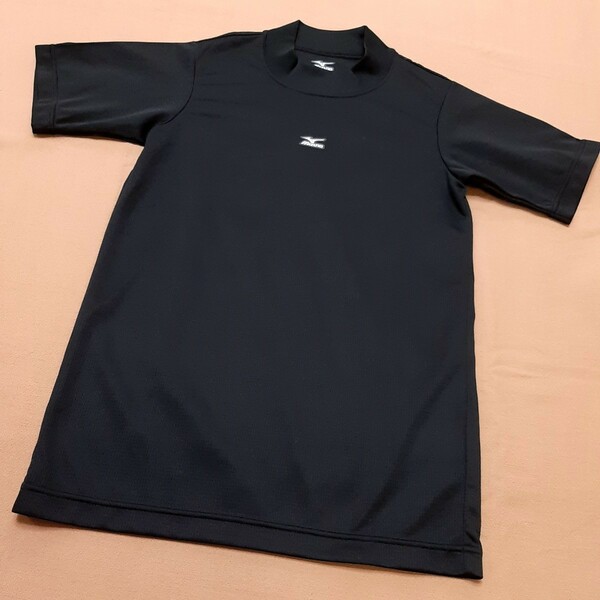 f3★中古美品★mizuno ミズノ★ハイネック半袖Tシャツ　速乾ドライメッシュ生地　150サイズ　ブラック黒色　体育スポーツ　男女兼用