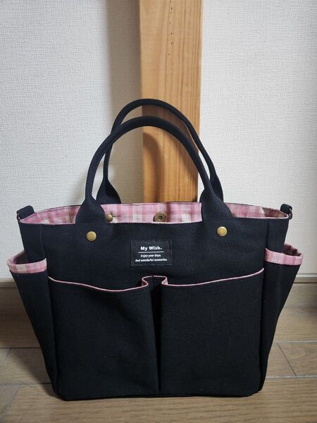 黒デニム◆くすみピンクタータンチェック◆ポケット沢山付きトートバッグ◆2way◆ハンドメイド◆
