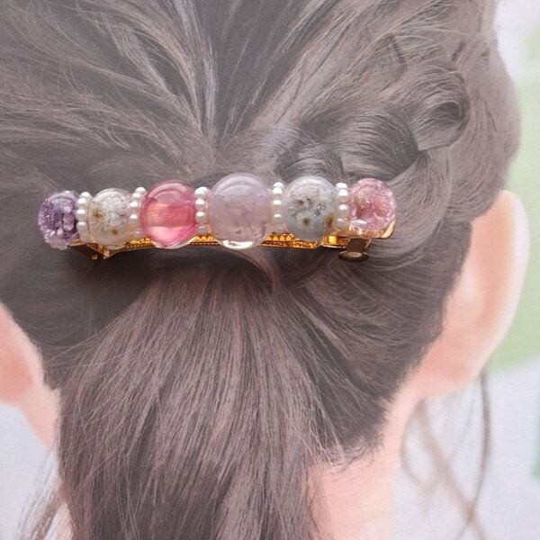 ハンドメイド レジン ヘアクリップ お花 パール ビーズ