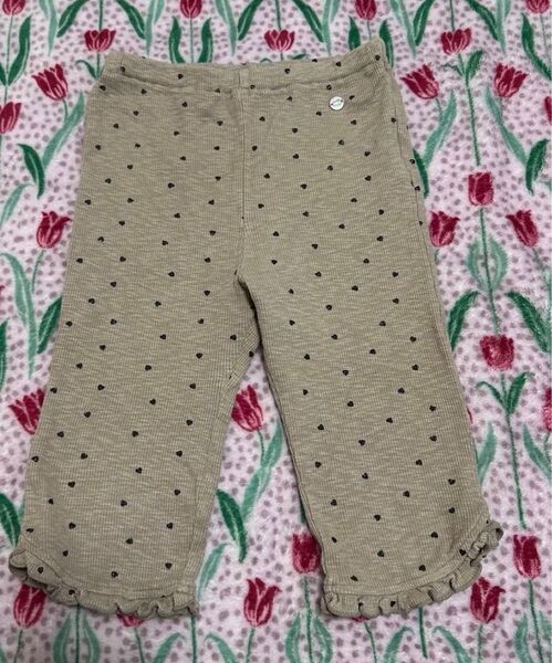 プティマイン キッズ 女児ストレッチパンツ 5分丈 120サイズ ベージュ×黒ハート ドット柄 パンツ ズボン ボトム