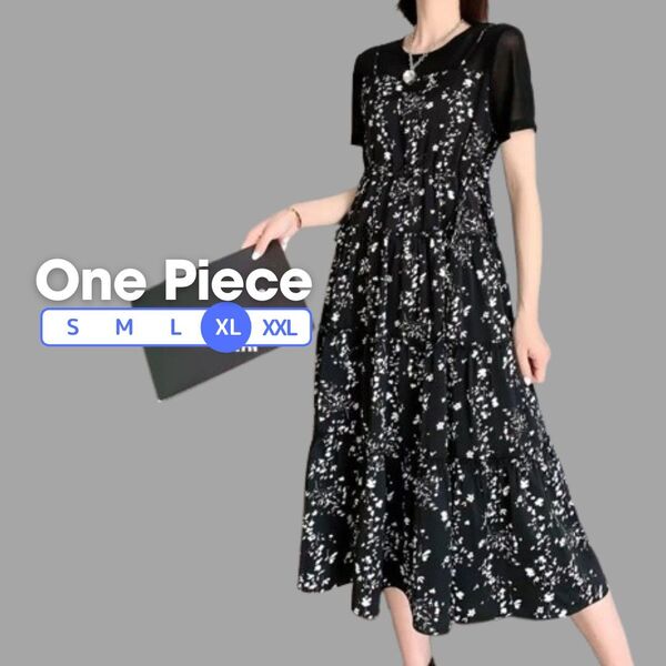 XL ロングワンピース レディース 黒 花柄 Aライン ゆったり モノクロ 半袖 膝下丈 半袖 フラワー