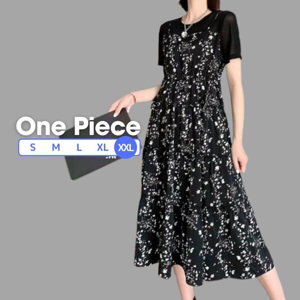 2XL ロングワンピース レディース 黒 花柄 Aライン ゆったり モノクロ 半袖 膝下丈 半袖 フラワー