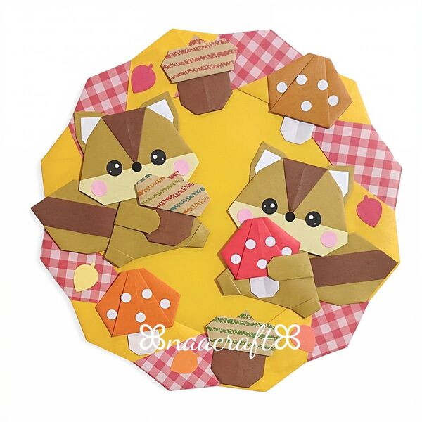 【折り紙リース】りす どんぐり きのこ 秋の壁面飾り