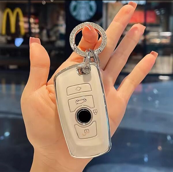 BMW キーケース キーカバー 保護 TPU 白x銀タイプ A型 ホワイト スマートキーケース キーホルダー 自動車用品