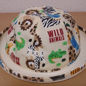 ベビー ハット WILD ANIMALS キッズ 48㎝ 帽子 動物 サファリ柄 日除け ◆ 麦わら ぼうし 綿混 ツバ ストローハット 西松屋 ◆ USEDの画像1