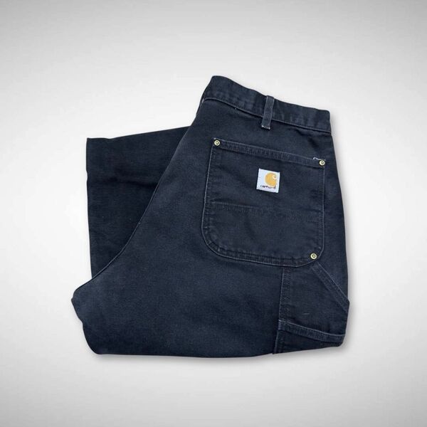 アメリカ製カーハートダブルニーダックパンツ黒ブラックルーズワイドフィットフェード3530 ワークパンツ CARHARTT 古着