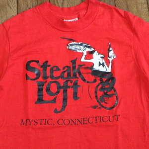 80s USA製 Hanes Steak Loft Tシャツ S レッド 両面プリント ステーキ レストラン メッセージ イラスト ユーモア オールド ヴィンテージ